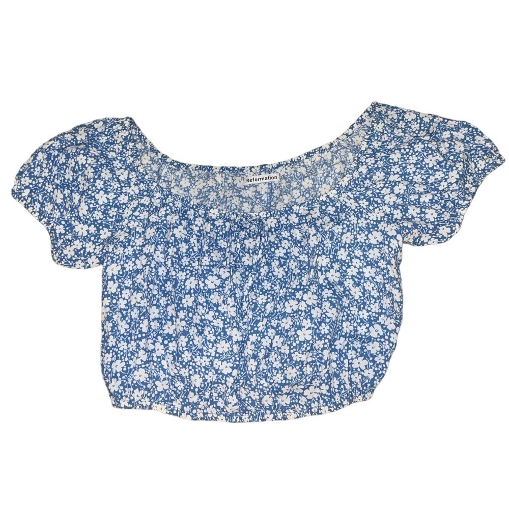 Reformation blue white floral elastic waist adjustable strap crop top size 4